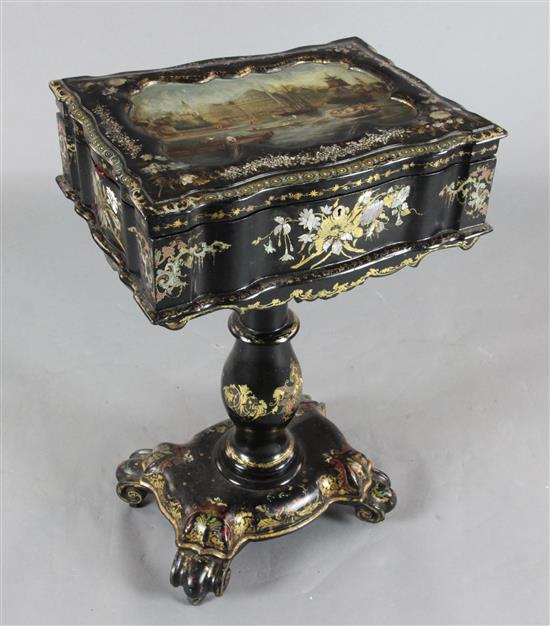 A Victorian papier mache work table W. 1ft 7in. D. 1ft 2in. H. 2ft 6in.